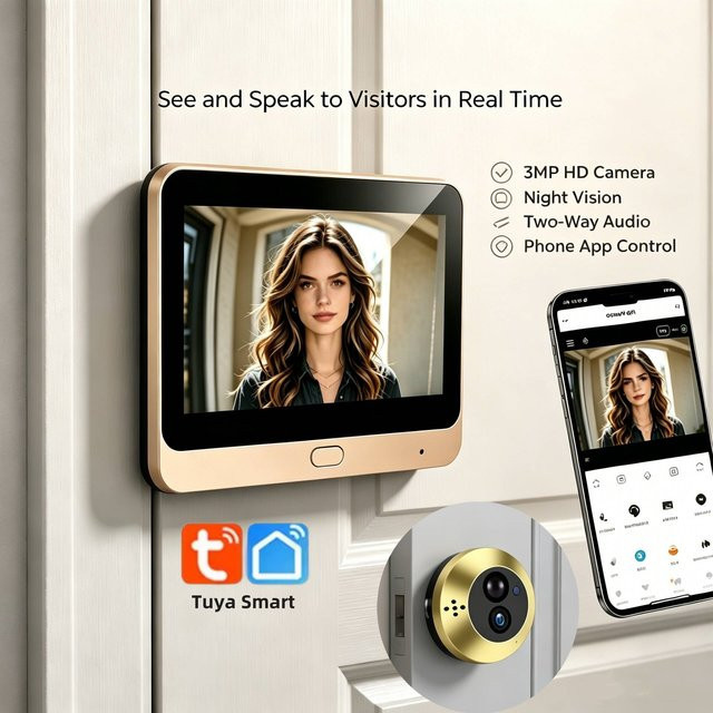 Tuya Smart Digitaler Türspion mit 3MP Kamera, 2,4G WLAN, Zwei-Wege-Audio und 140 Grad Weitwinkel in Gold - Bild 1