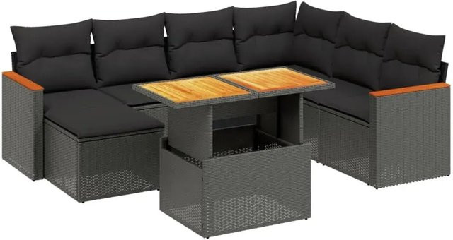 vidaXL 8-teilige Garten-Sofagarnitur in L-Form aus schwarzem Poly-Rattan mit Kissen und Akazienholz - Bild 1