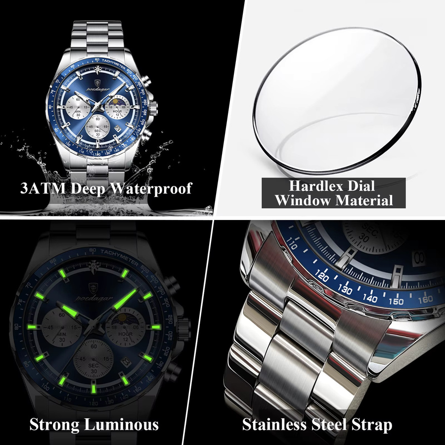 POEDAGAR Armbanduhr Chronograph, Quarz, Edelstahl, Silberblau, Herren - Bild 4