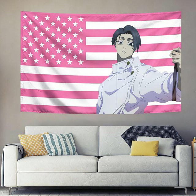 Jujutsu Kaisen Yuta Okkotsu Wandteppich mit amerikanischer Flagge in Rosa, JMG Household Supplies Wandbehang für dein Schlafzimmer, Breite: 60 cm, Höhe: 90 cm - Bild 1