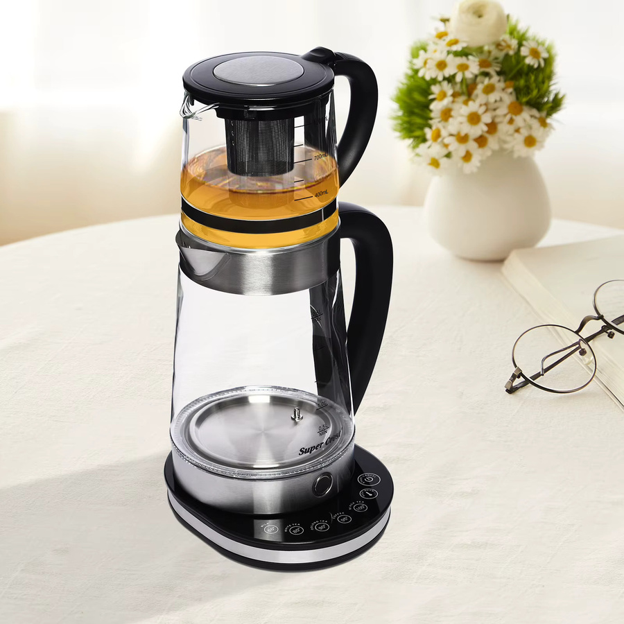 Bymaocar 2-in-1 Elektrisches Wasserkocher-Set mit Temperaturregelung und LCD-Display aus Edelstahl und Glas, 1500W, Silber/Schwarz/Transparent, 2,5 l und 1 l Fassungsvermögen - Bild 2