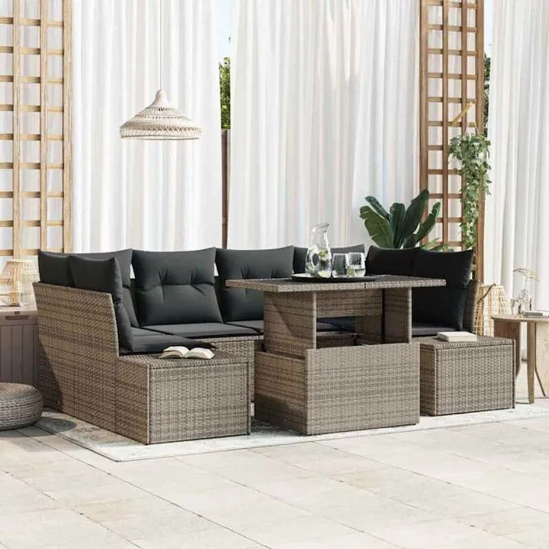vidaxl Loungemöbel Sofa Set aus Polyrattan mit 7 Kissen in Grau - Bild 1