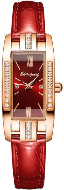 Damenuhr Quarz, Rechteckig, Lederarmband, Roségold, Kristall, 40 mm - Bild 1