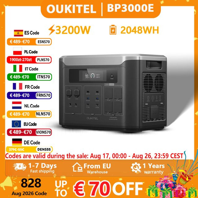 OUKITEL BP3000E Tragbare Powerstation mit 2048Wh LiFePO4 Batterie, 3200W Solargenerator mit 220V EU-Steckdose und Reiner Sinuswelle, Schwarz/Grau - Bild 1