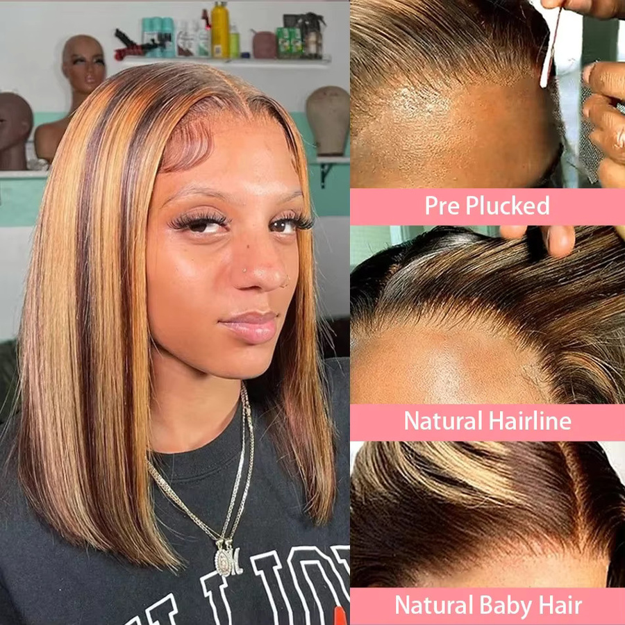 Duoxuan Bob-Perücke, 100% Echthaar, Blonde Highlights, 16 Zoll - Bild 2