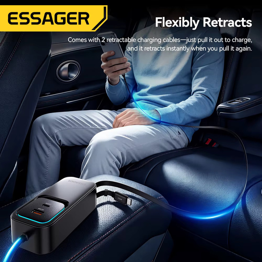 Essager 135W Dual Retractable Kabel-Ladegerät mit Rückseitiger Steckdose und USB-C PD QC Schnellladung in Schwarz - Bild 4