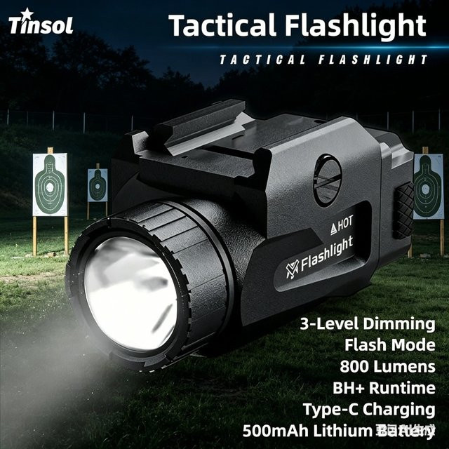 TINSOL Handfeuerwaffen-Taschenlampe mit 800 Lumen, 4 Modi, USB-Aufladung und Schnellverschluss für 20mm Picatinny-Schiene, Schwarz - Bild 1