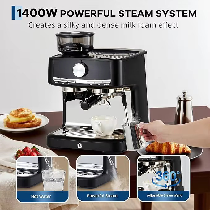 HiMISS Halbautomatische Kaffeemaschine in Schwarz mit integriertem Mahlwerk, 15 bar Pumpendruck, 30 Mahlgradeinstellungen, 58 mm Siebträger, herausnehmbarem Wassertank und manueller Milchaufschäumdüse - Bild 4