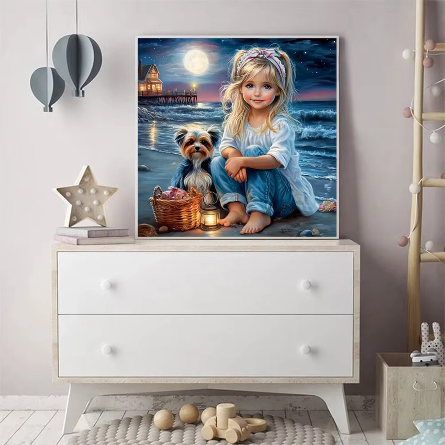 Momoart 5D DIY Diamantmalerei Mädchenporträt mit Cartoon-Hund als Runddiamant Mosaik-Set in Mehrfarbig zur Wanddekoration - Bild 3