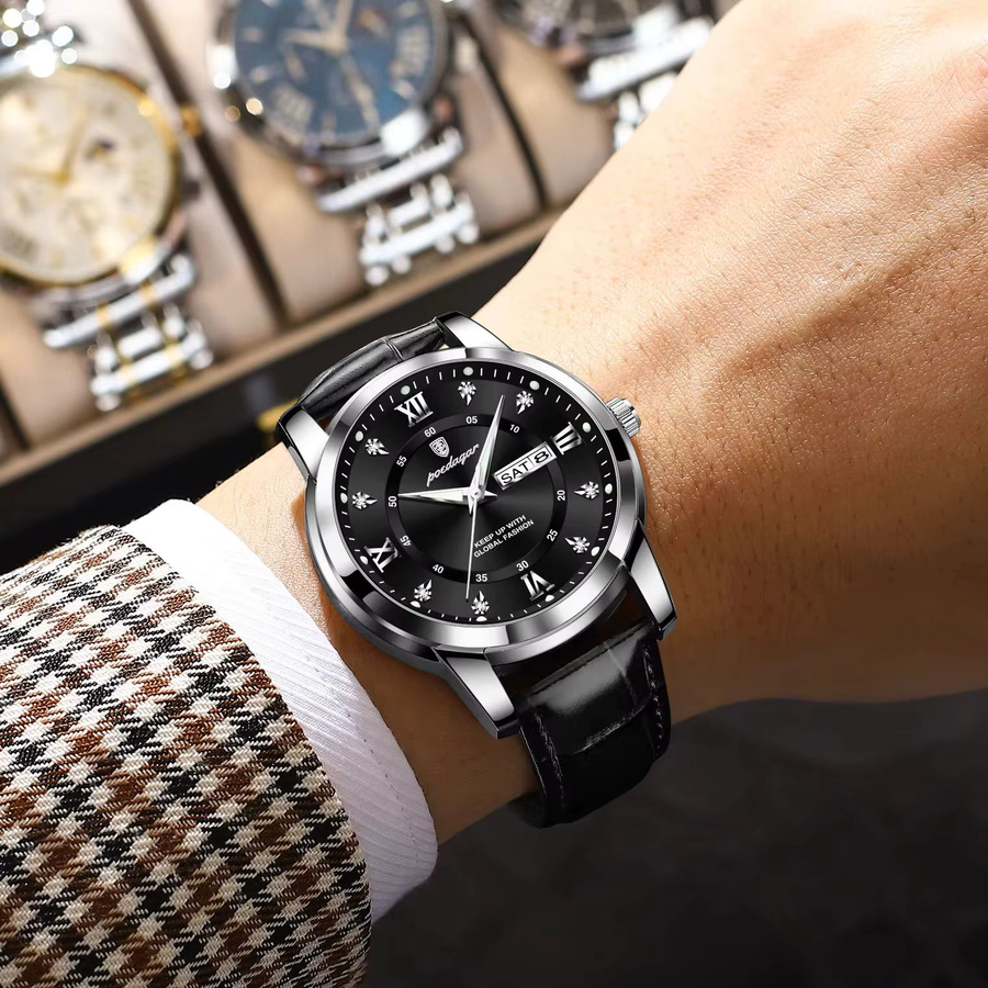 POEDAGAR Armbanduhr Quarz, Leder, Schwarz, Silber, Herren, Datum, Wochentag - Bild 5