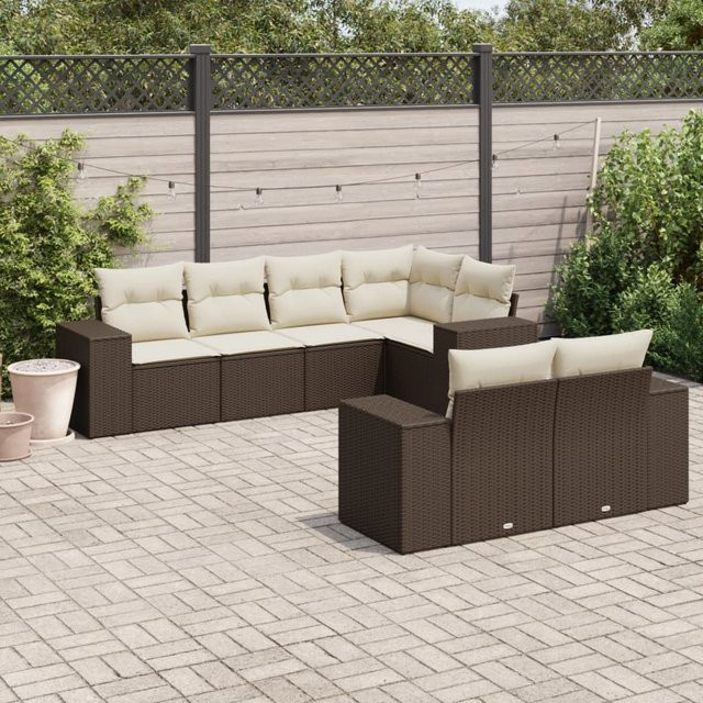 vidaXL 7-teilige Garten-Sofagarnitur in L-Form aus Polyrattan mit Kissen in Braun - Bild 3