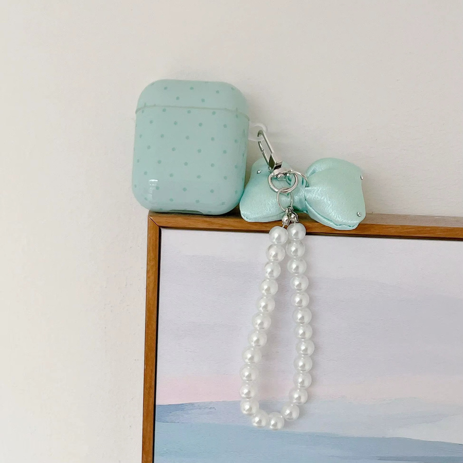 Apple AirPods Schutzhülle Mintgrün mit Polka Dot Muster und Perlen-Bowknot-Anhänger für AirPods 1, 2, 3, 4, Pro 2 und Pro 3 - Bild 2