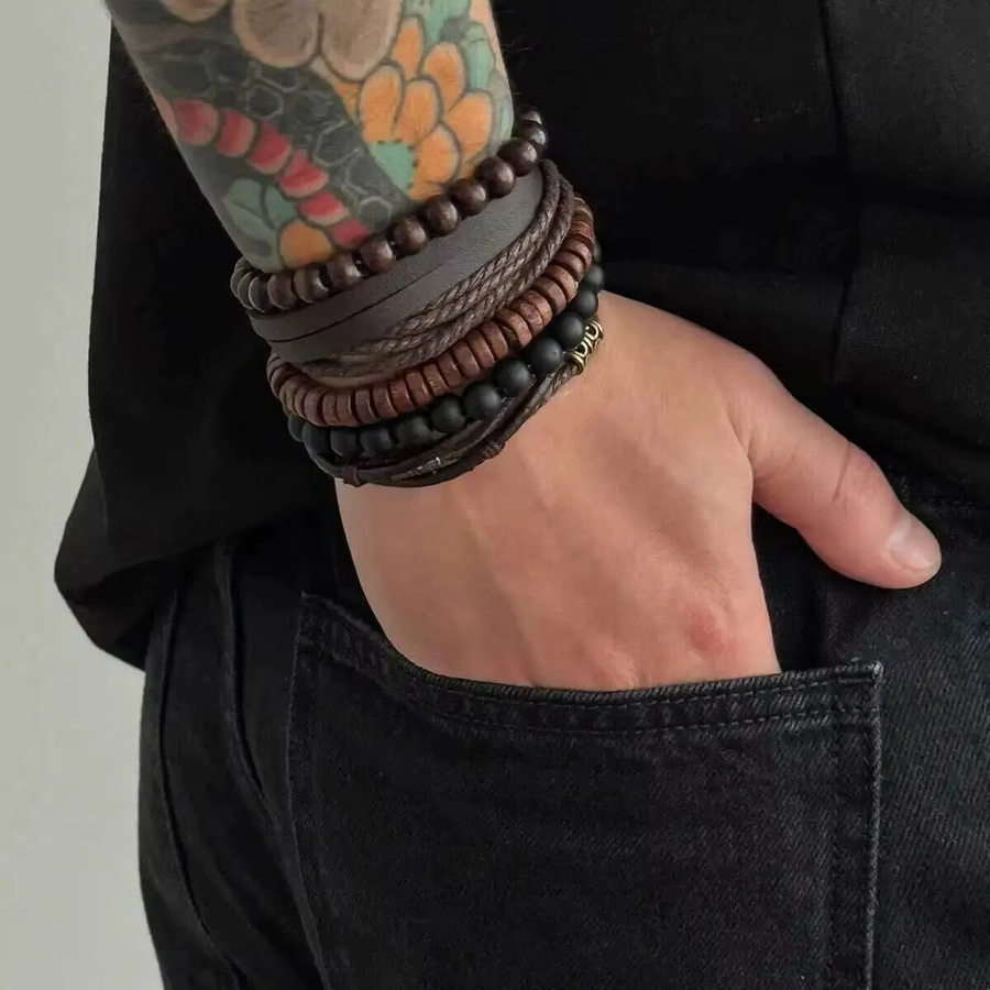 PuRui Armbänder, Leder, Braun, Perle, Herren, Vintage - Bild 2