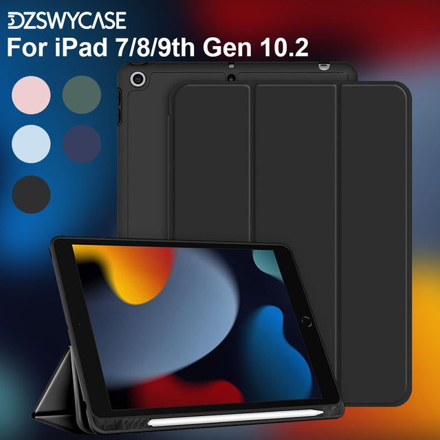 DZSWYCASE Schutzhülle für iPad 9./8./7. Generation 10,2 Zoll mit Stifthalter und dreifach faltbarem Ständer, stoßfeste TPU-Rückseite und Auto-Sleep-Funktion, Grün/Schwarz - Bild 1
