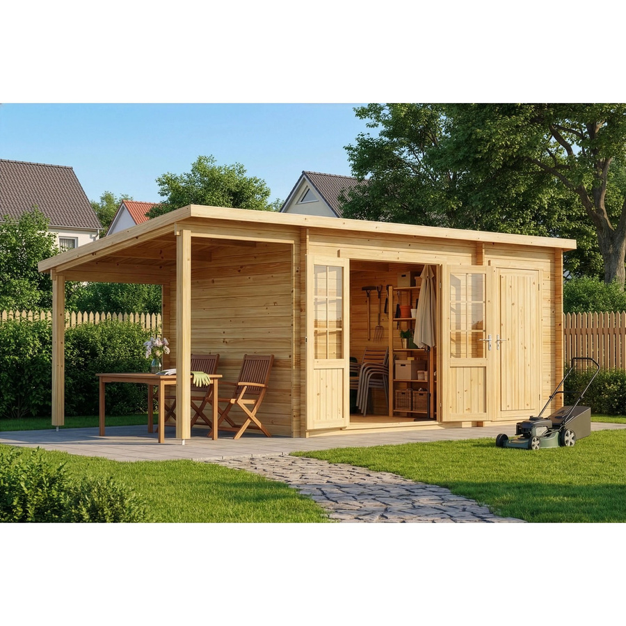 Alpholz Gartenhaus Maria-28 Natur mit Schleppdach B/T: 450 x 250 cm plus 150 cm Tiefe - Bild 2