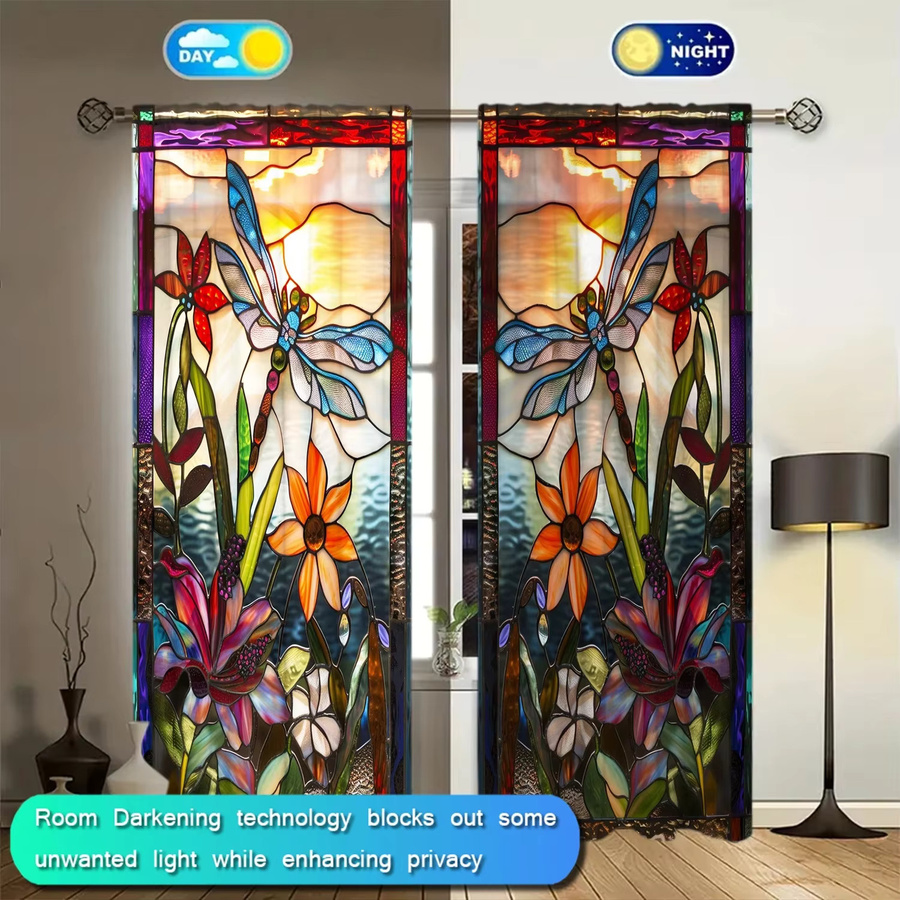 2er-Set VOZMIO Buntglas-Vorhänge mit Libellen-Motiv in Multicolour, transparente Stoffpaneele im Art Nouveau Design - Bild 4
