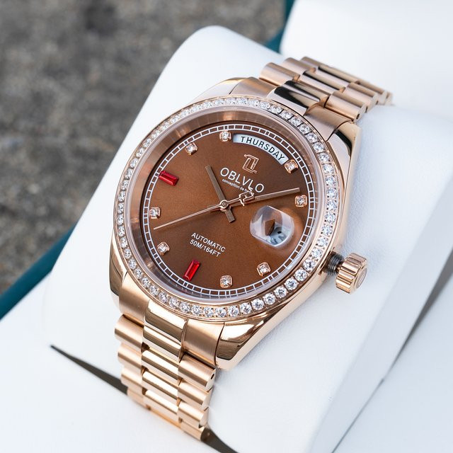 OBLVLO Armbanduhr, Automatik, Roségold, braun, Diamant, Herren - Bild 1