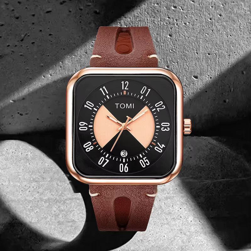 TOMI Digitaluhr, Quarz, Eckig, Edelstahl, Silber, Leder, Unisex - Bild 1