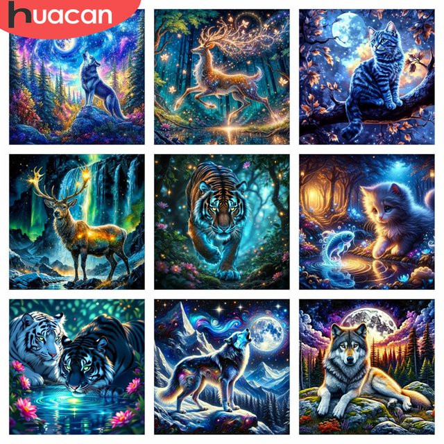 HUACAN 5D Diamant-Mosaik Set Wald-Motiv mit Hirsch, Tiger und Wolf in Mehrfarbig, geometrisches Design für die Wanddekoration - Bild 1