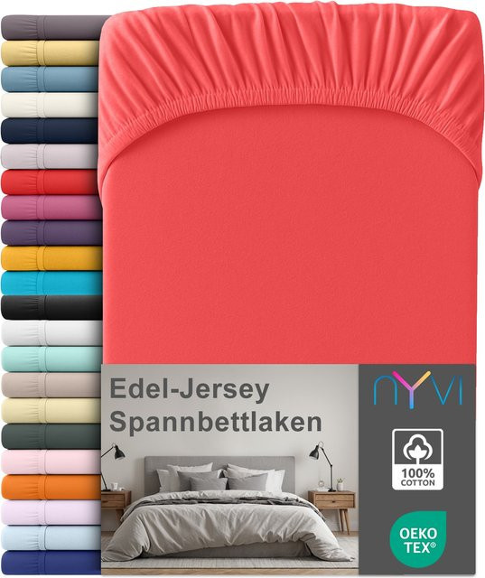 NYVI Edel Jersey Spannbettlaken Deluxe aus 100% supergekämmter Baumwolle, Rot, B/T: 140 x 160 cm, Höhe: 25 cm - Bild 1