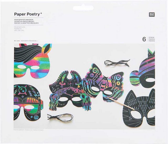 Rico Design Paper Poetry Kratzpapier Masken Set 6 Stück mit Holzkratzer - Bild 1