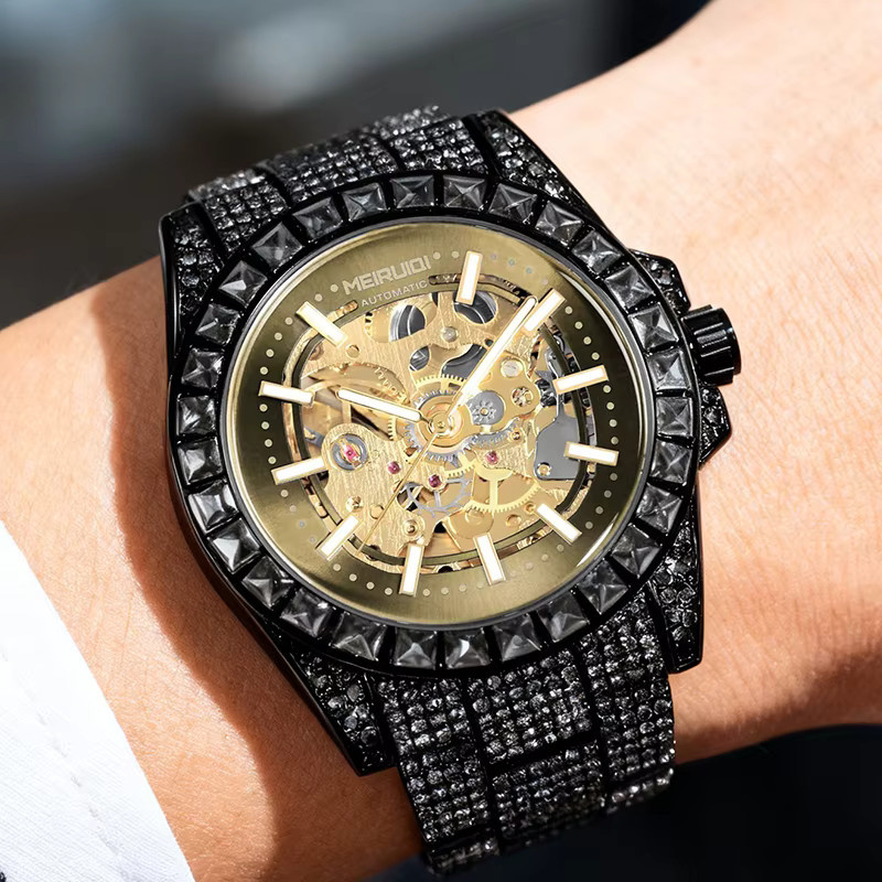 Herren Armbanduhr Automatik, Edelstahl, Gold, Zirkonia, Blau, Rund - Bild 5