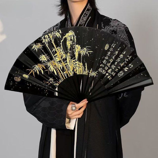 Elster Handfächer aus Seide und Spitze in Schwarz im Retro-Design für Hanfu und Cheongsam - Bild 1