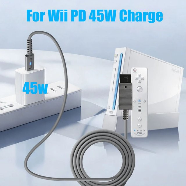 USB-C Ladekabel für Nintendo Wii mit LED-Anzeige, 45W PD Gaming-Stromversorgungskabel, grau, Länge: 1,8 m - Bild 1