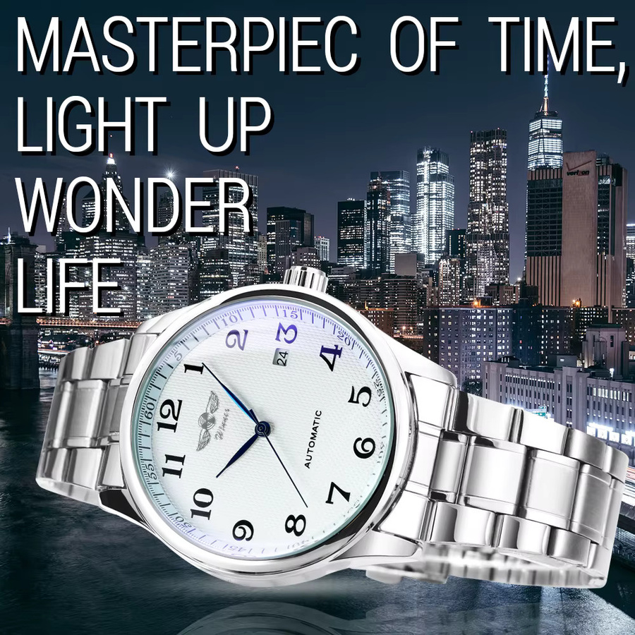 WINNER Armbanduhr Automatik, Edelstahl, Leder, Herren, Weiß, Datum - Bild 2