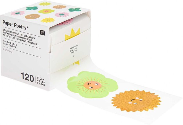 Rico Design Paper Poetry Sticker mit Sonnen und Kleeblättern, 120 Stück auf der Rolle, Durchmesser: 5,5 cm - Bild 1