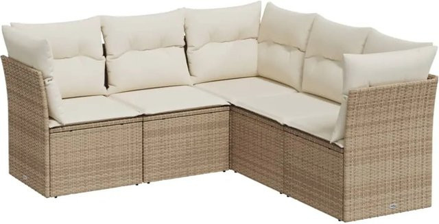 vidaXL 5-tlg Garten-Sofagarnitur in L-Form mit Kissen, Beige, Poly Rattan und Metallgestell - Bild 1