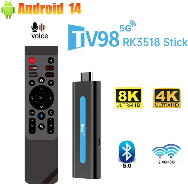 CLIBABIQBOX TV98 RK3518 Smart Android 14 TV-Stick mit Quad-Core, 8K und 4K Unterstützung, Dual-WLAN 4G/5G, Bluetooth 5.0 und Sprachfernbedienung in Schwarz - Bild 1