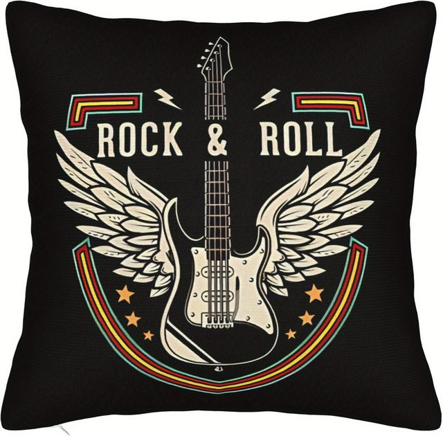 JMG Clothing Kissenbezug im Rock-Stil mit Flügel- und E-Gitarren-Muster, Schwarz, B/B: 50 x 50 cm - Bild 1