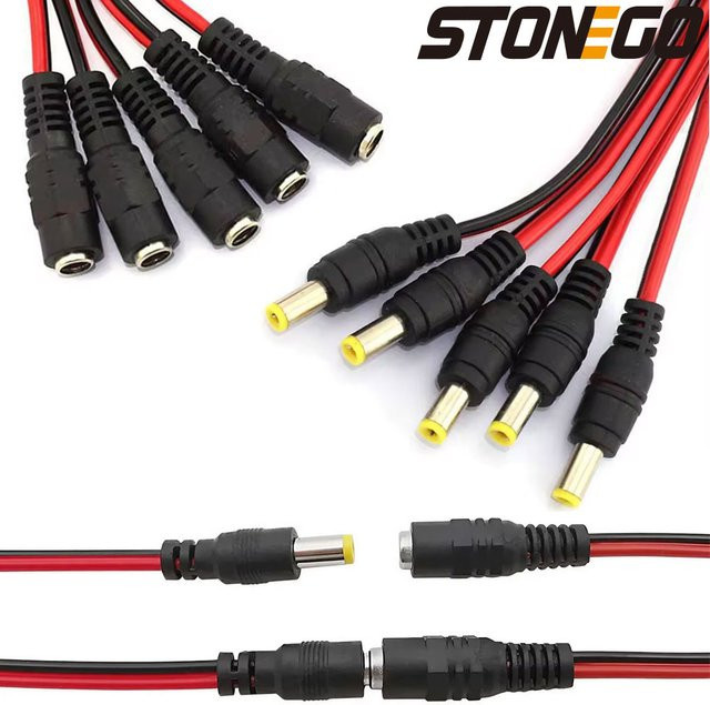 STONEGO DC-Stromversorgungskabel Set mit 12V männlichen und weiblichen Barrel-Plug-Anschlüssen in Schwarz - Bild 1