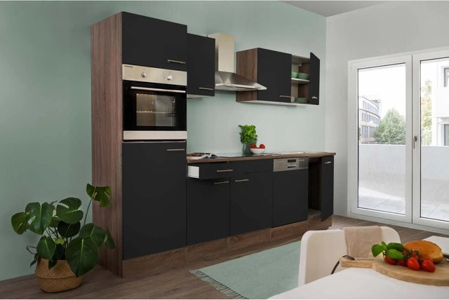 Respekta Küchenzeile York ohne E-Geräte in Schwarz Seidenglanz und Eiche, Breite: 280 cm, Höhe: 205 cm, Tiefe: 55,5 cm - Bild 1