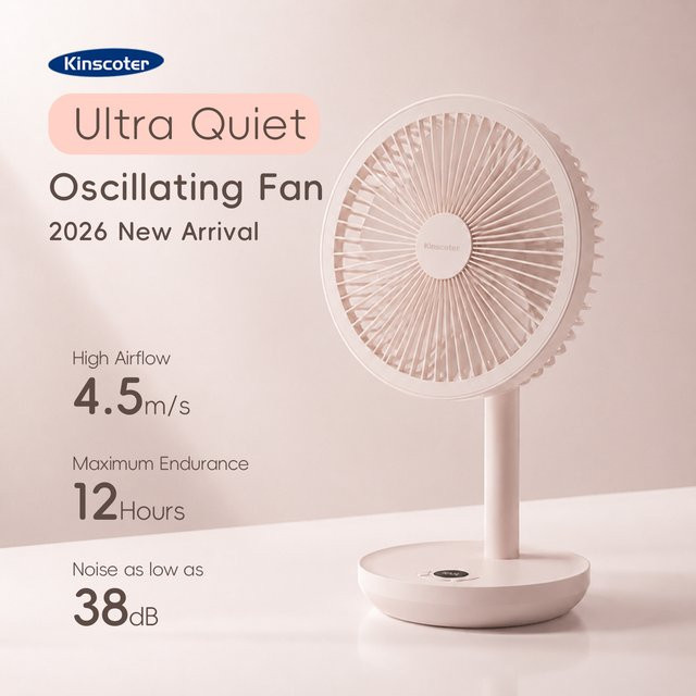 KINSCOTER Intelligenter oszillierender Tischventilator in Weiß mit 5 Windgeschwindigkeiten und wiederaufladbarem 4000 mAh Akku - Bild 1