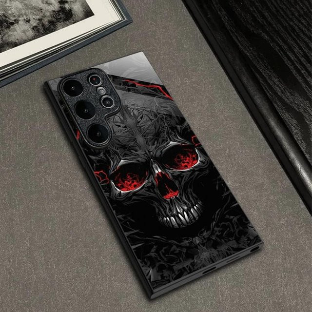 Samsung Galaxy Handyhülle aus galvanisiertem Glas mit Totenkopfmuster in Schwarz, passend für Galaxy S26 S25 S24 S23 S22 S20 S11 S10 FE Ultra Plus, Anti-Drop Schutz - Bild 1