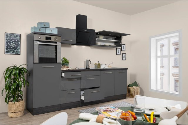 Respekta Premium Küchenzeile Hochbau Grau Hochglanz-Eiche Grau mit Soft-Close-Türen und Schubladen - Bild 1