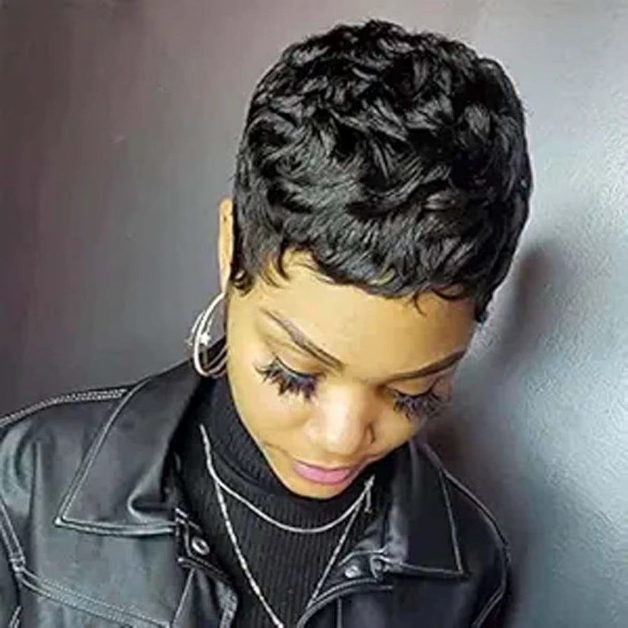 OYM HAIR Echthaar-Perücke, kurzer gewellter Pixie-Schnitt, Schwarz, Damen - Bild 3
