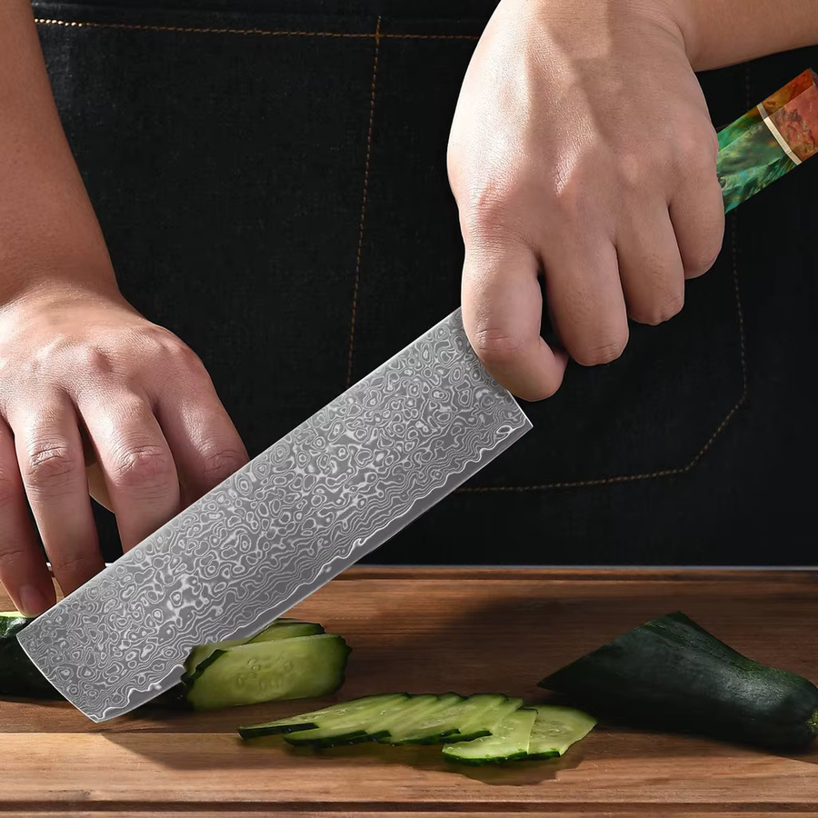 Baovim Kiritsuke-Messer aus 67 Lagen Damaststahl mit VG10 Kern und farbigem Holzgriff, 20,32 cm - Bild 4