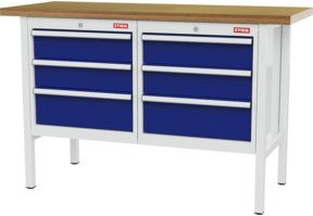 STIER Werkbank mit 6 Schubladen aus Stahl und Holz, Farben: Grau, Blau, Weiß, B/T/H: 150 x 60 x 96 cm - Bild 1