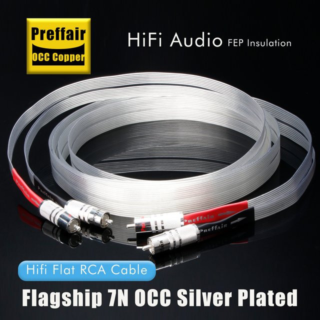 Preffair 2RCA-Audiokabel mit 7N OCC versilbertem Signal und flachem Design für Lautsprecher, HDTV, TV und DVD-Verstärker in Silber - Bild 1