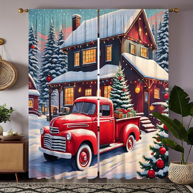2er-Set Weihnachts Vorhang mit Landhaus LKW und Weihnachtsbaum Motiv, Schwarz, B: 132 cm, H: 160 cm - Bild 1