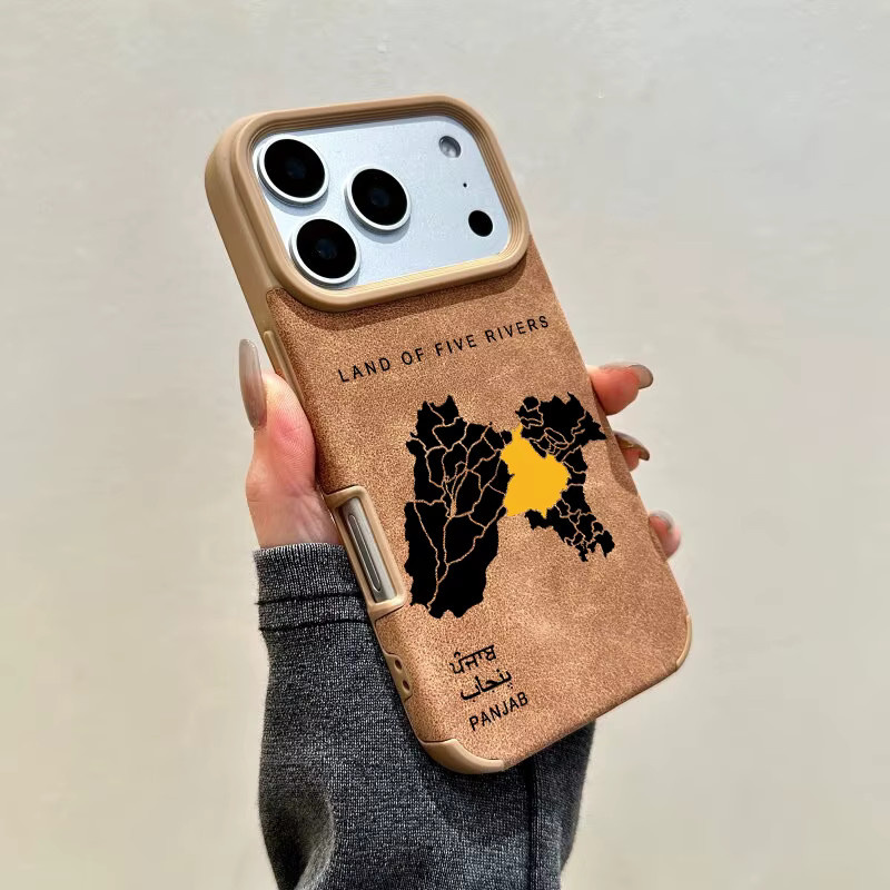 Handyhülle mit Punjab-Karte für Apple iPhone 16 15 14 13 12 11 Pro Max XR XS in Braun aus Kunstleder und Wildleder - Bild 3