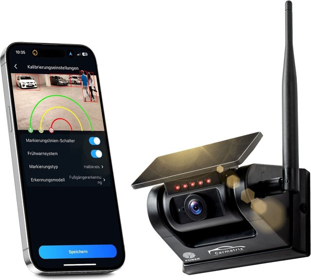 CARMATRIX Funk WLAN Solar Rückfahrkamera mit Magnet und KI Personenerkennung in Schwarz mit App-Steuerung - Bild 1