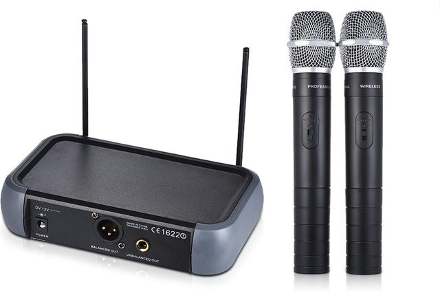 Ammoon Zweikanaliges kabelloses VHF-Handmikrofonsystem mit Echofunktion, 2 Mikrofone, Schwarz - Bild 1