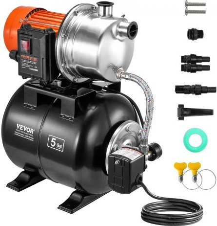 VEVOR Flachbrunnenpumpe mit Drucktank, 745 W (1 HP), 63 l/min (1000 GPH), automatische Bewässerungspumpe mit 40 m Förderhöhe und 1,4/2,8 bar Druckschalter, Edelstahl-Pumpenkopf für Haus, Garten und Rasen - Bild 1