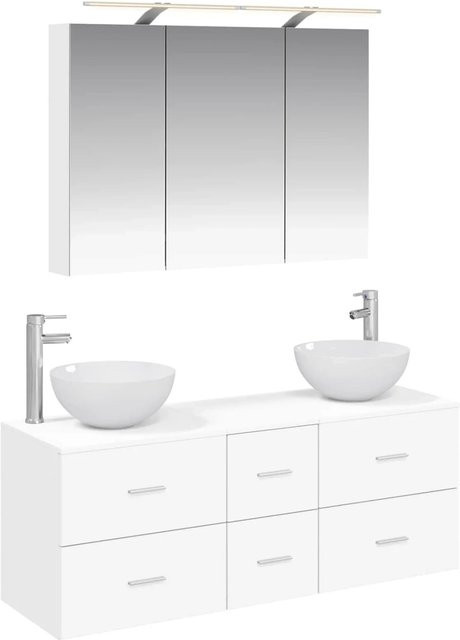 vidaXL Badezimmermöbel-Set 4-teilig in Weiß mit Waschtischunterschrank und Spiegelschrank aus Holz und Glas mit LED-Beleuchtung - Bild 1