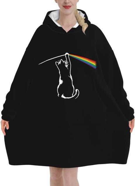 Schwarze Kapuzen-Fleece-Decke mit lustigem Katzen-Rockmusik-Print für Frauen, übergroßer Sherpa-Pullover mit Taschen und Ärmeln - Bild 1