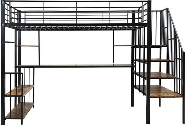KOMHTOM Hochbett für Kinder aus Eisen und MDF mit Leiter, Kleiderstange und Stauraum, Schwarz, B/T/H: 200 x 120 x 170 cm - Bild 1